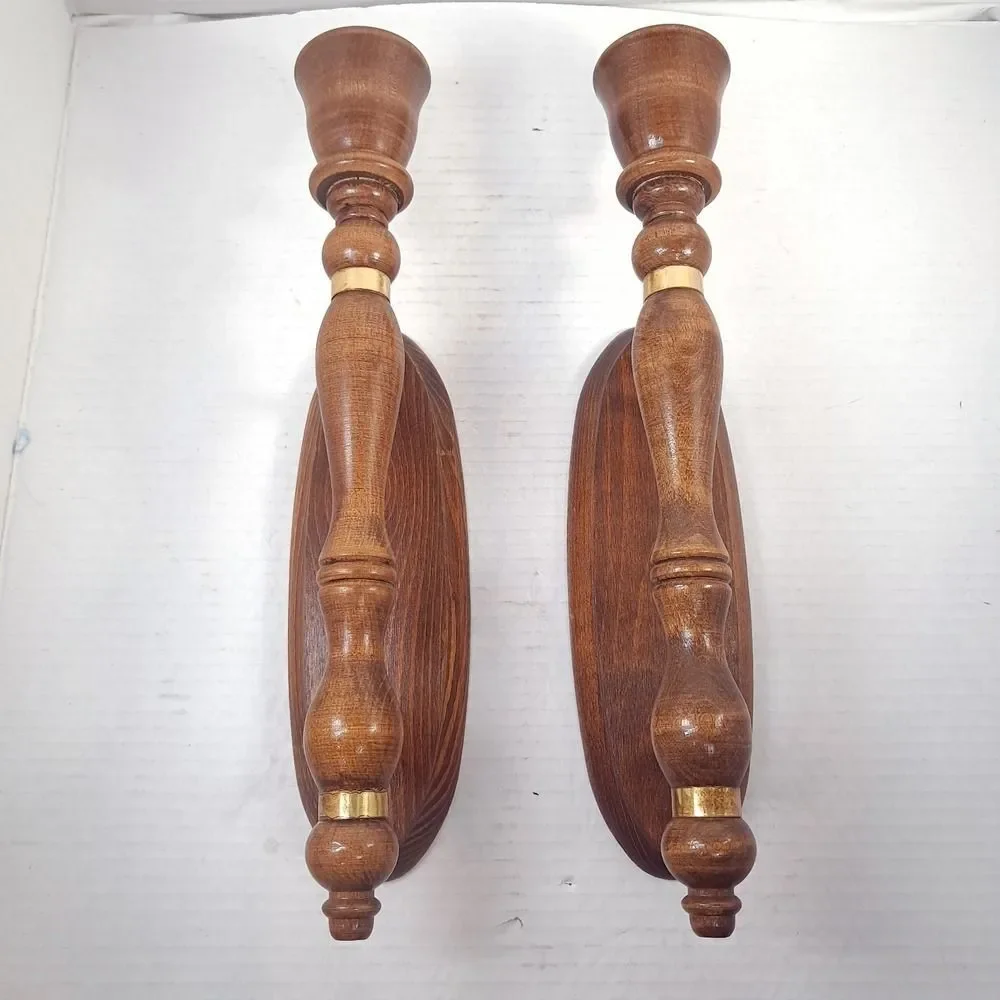 Vintage Wooden Wall Candle Sconces brass ring wood candleholders holder‎ set 2